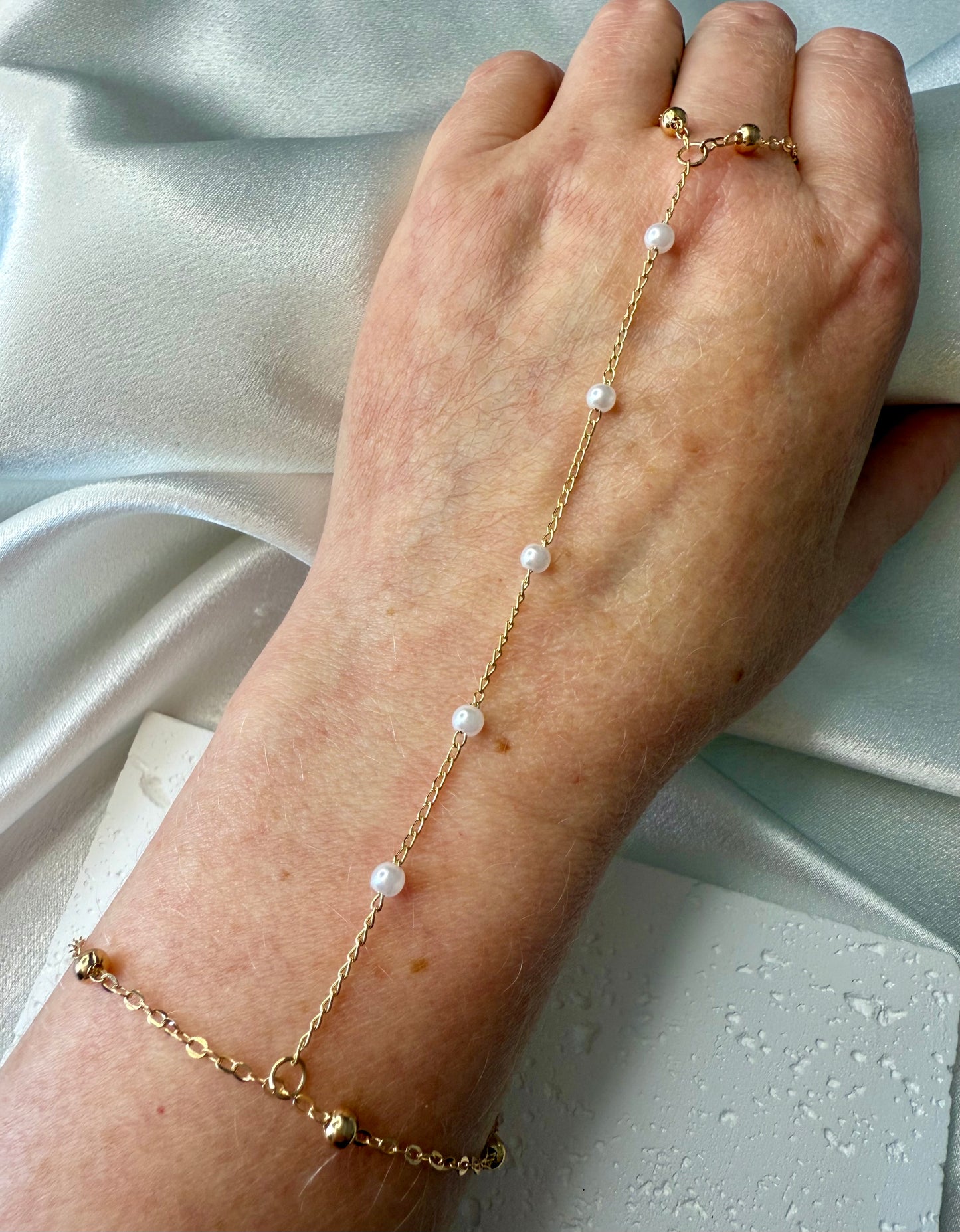 Gold & Faux Pearl Beaded Hand Chain – Minimalist Everyday Ring-to-Bracelet Jewellery