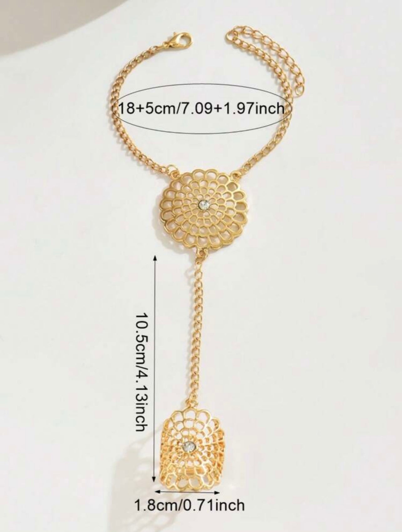 Gold Boho Hollow Flower Hand Chain – Rhinestone Ring-to-Bracelet Jewellery for Daily Wear