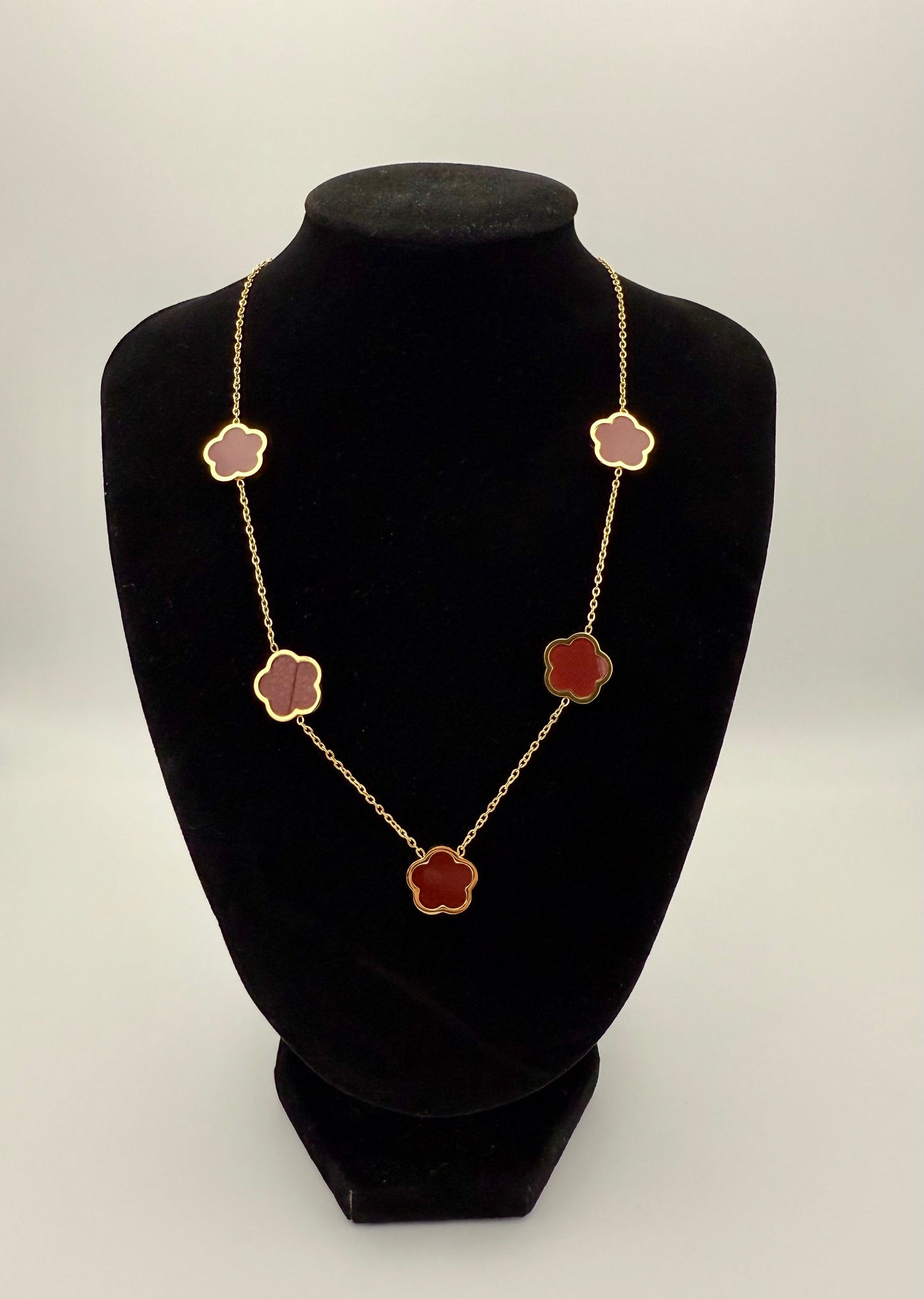 18k Gold-Plated Inspired Clover Necklace – Burgundy – Waterproof, Tarnish-Resistant & Hypoallergenic Matching Bracelet Available!