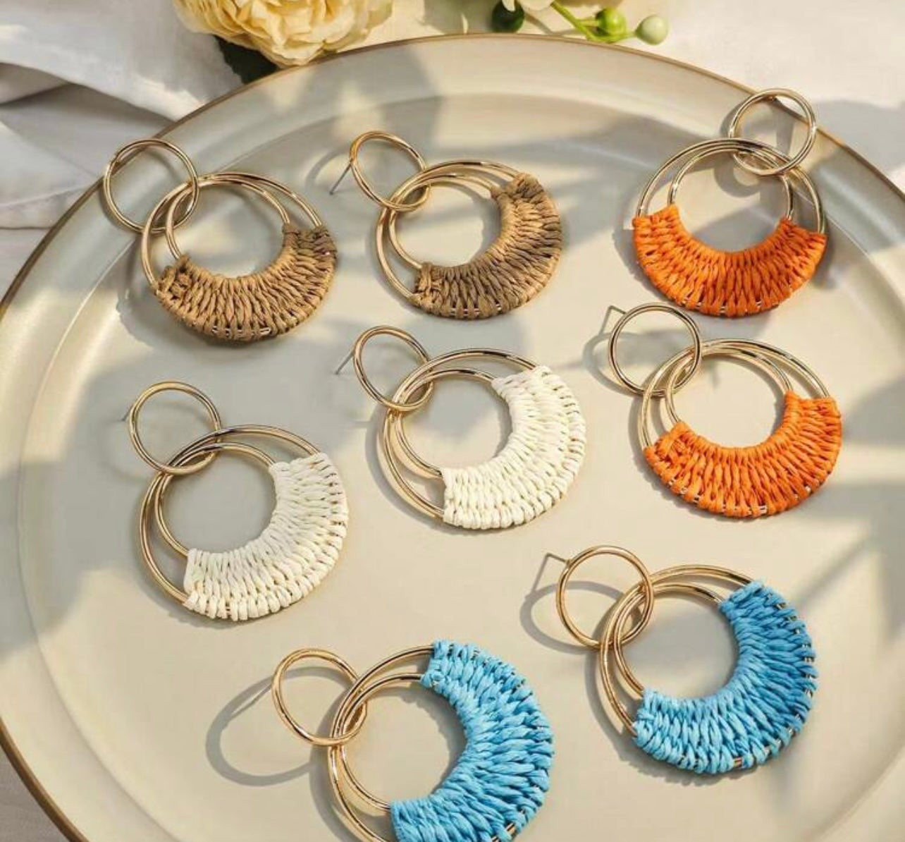 Gold & Coffee Raffia Hoop Dangle Earrings – Boho Elegance with a Fresh Twist