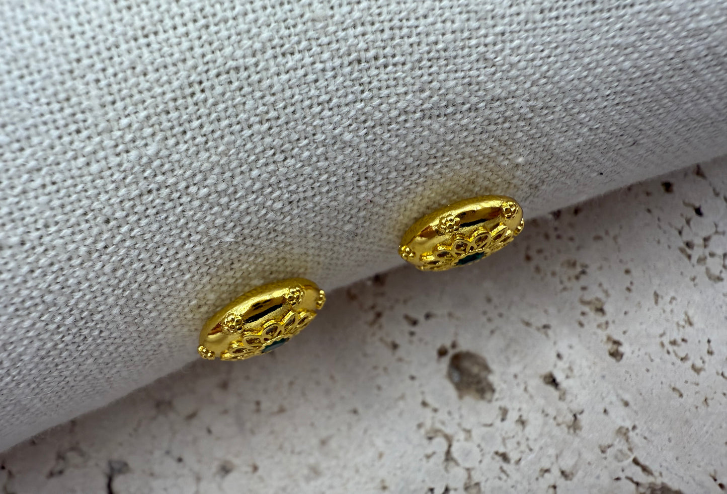 Delicate Carved Vintage Palace Style 18K Gold Plated Earrings with Green Zirconia Stone