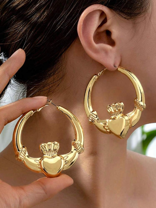 Gold Claddagh Chunky Hoop Earrings – 6 x 6.5 cms | Celebrate Love, Loyalty & Friendship | Tarnish Resistant