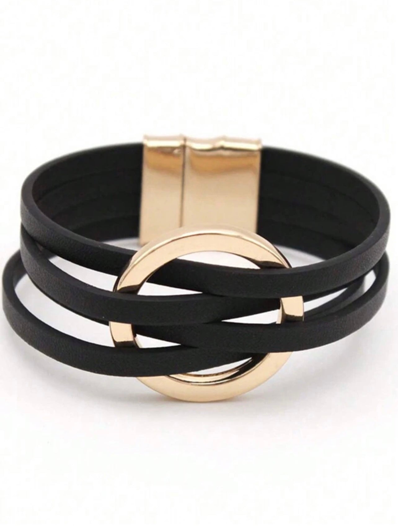 Leatherette Black & Gold Cuff Bracelet – Modern Texture with Effortless Elegance