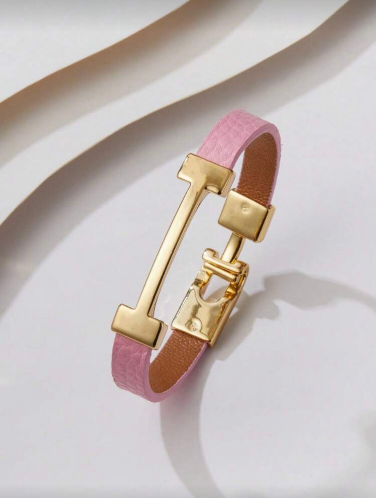 Pink & Gold Hermès-Inspired Faux Leather Bracelet – Elegant Fashion Wristband Gift for Her