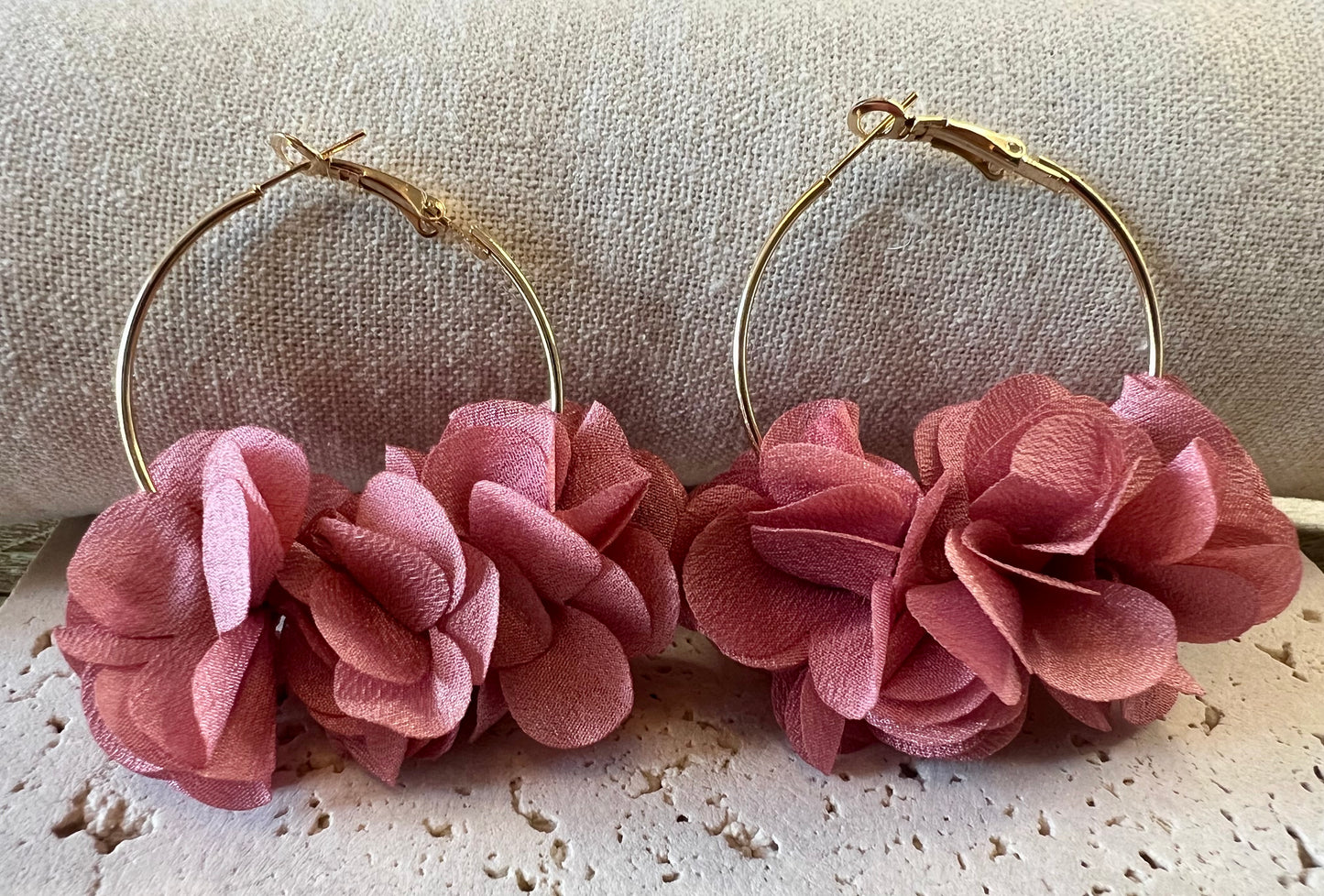 Gold & Pink Flower Hoop Earrings – Bold Florals with Luxe Contrast