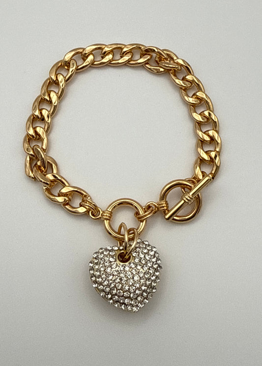 Rhinestone Heart Charm Chunky Gold Curb Chain Bracelet – Tarnish Resistant