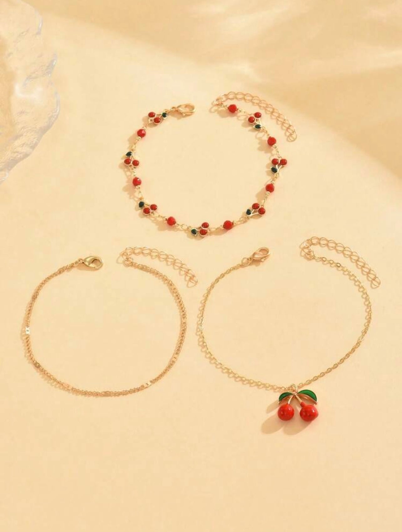 3pc Cherry Pendant Anklet Set – Handcrafted Summer Foot Jewellery