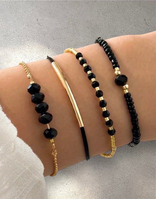 4pc Black & Gold Beaded Bracelet Stack – Handmade Party & Evening Jewellery
