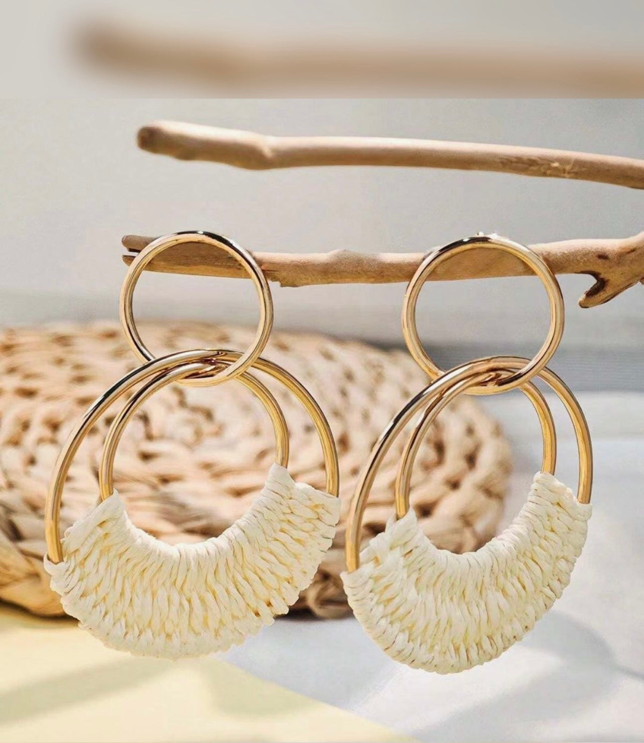 Gold & White Raffia Hoop Dangle Earrings – Boho Elegance with a Fresh Twist