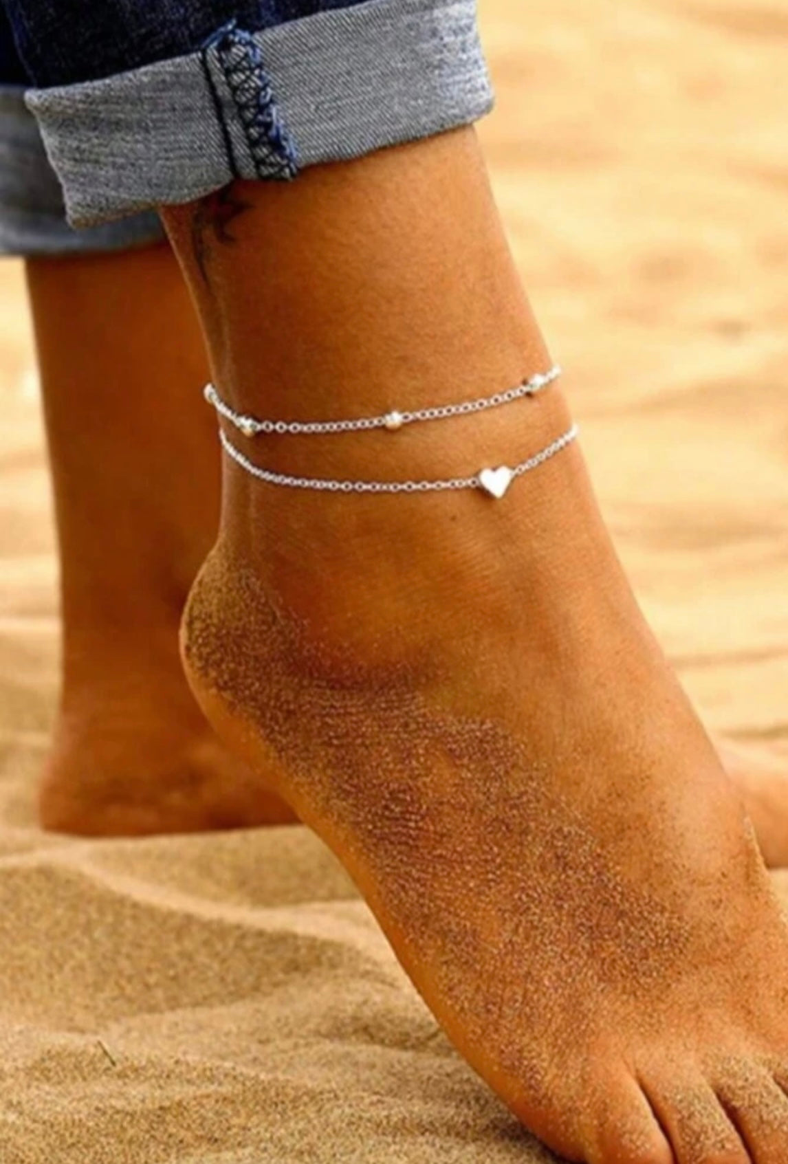 Silver Double-Layer Heart Anklet – Adjustable Love Foot Chain for Summer & Beach
