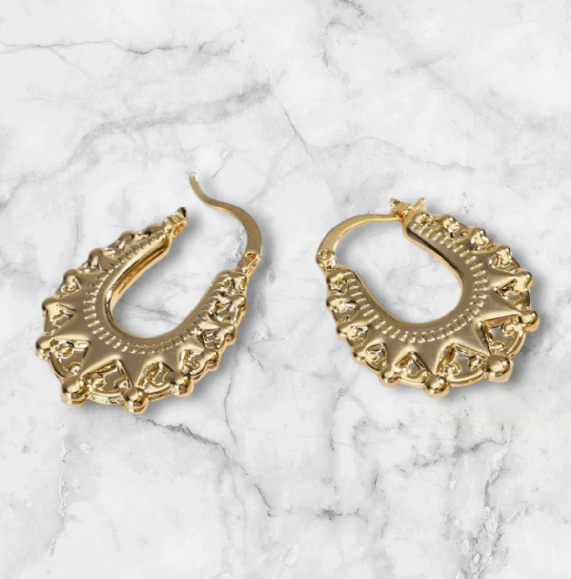 18K Gold Plated Vintage Crown & Horseshoe Creole Earrings – Large | Non-Fading & Hypoallergenic