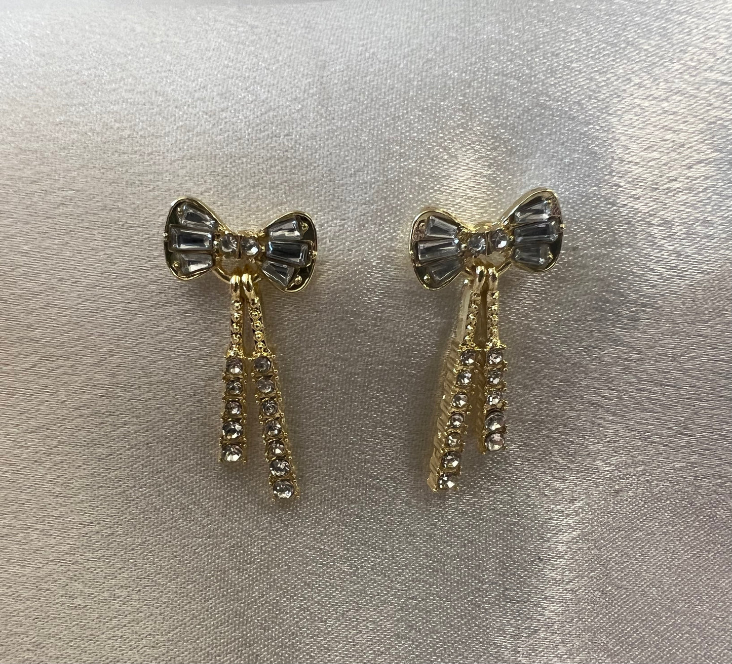 Gold Bow Diamanté Drop Earrings – Elegant Sparkle with Feminine Flair