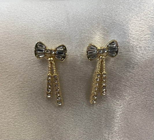 Gold Bow Diamanté Drop Earrings – Elegant Sparkle with Feminine Flair