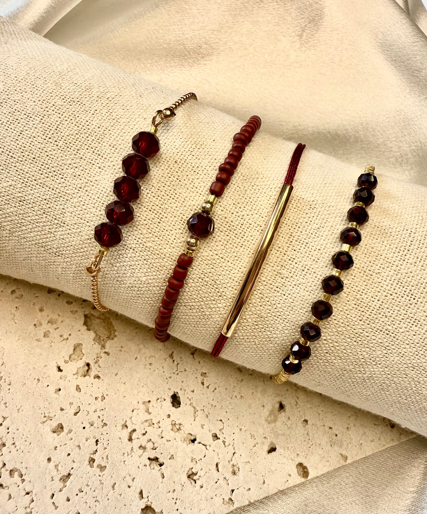 4pc Burgundy & Gold Faux Gemstone Bracelet Stack – Handmade Holiday & Party Jewellery