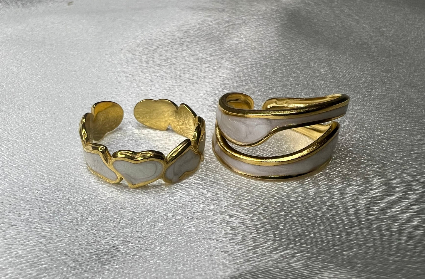 2pc Gold Positive & Negative Love Open Ring Set – Cream Marble Enamel, Perfect Gift