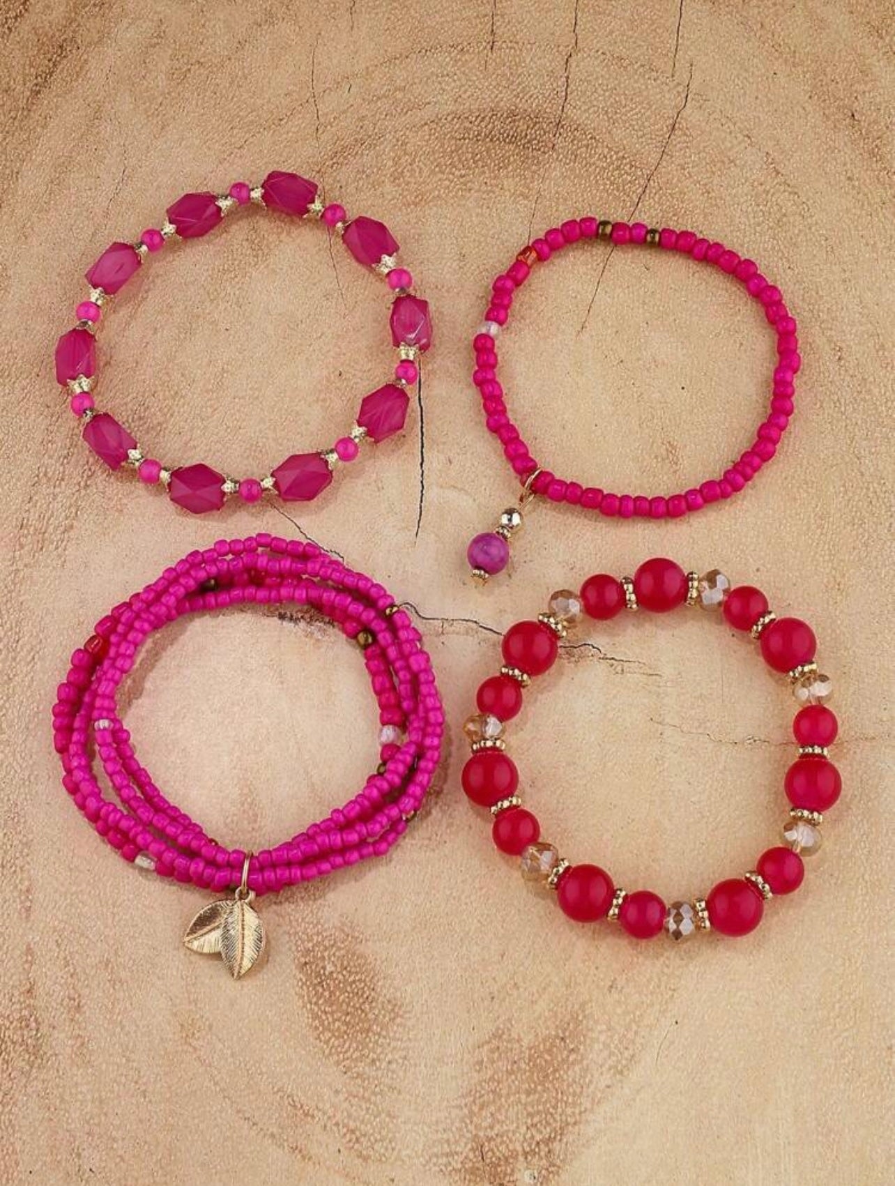 4pc Handmade Pink Seed & Glass Beaded Bracelet Stack – Vibrant Jewellery Set for Women