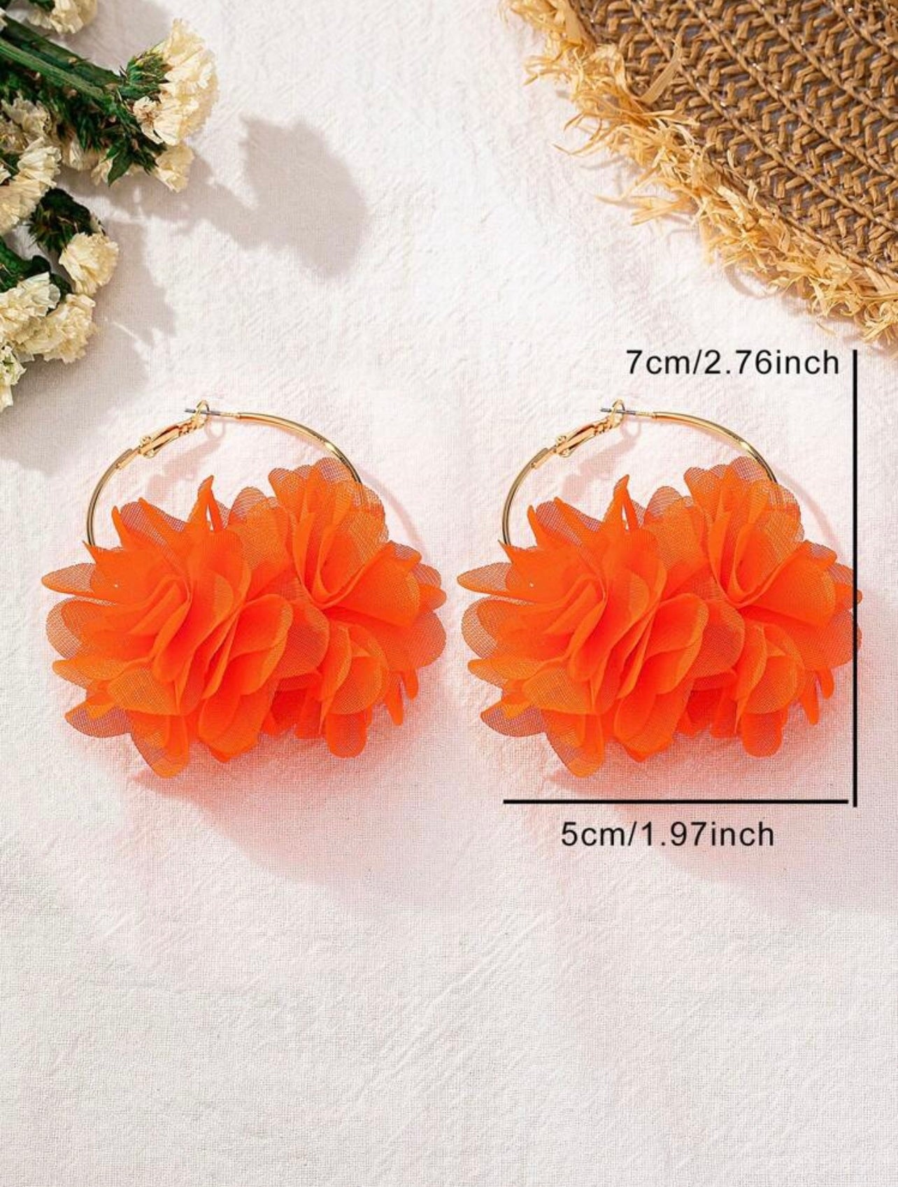 Gold Hoop Earrings with Neon Orange Floral Organza – Bold Statement Set (5 x 7 cm)