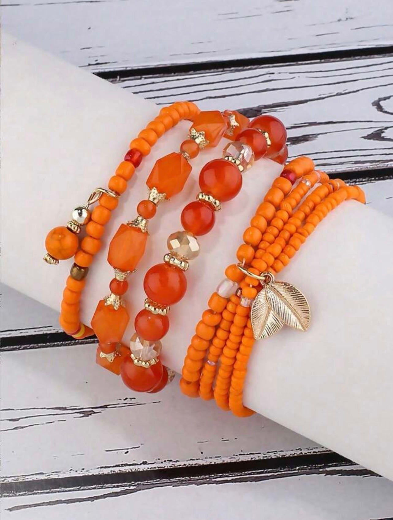4pc Handmade Orange Seed & Glass Beaded Bracelet Stack – Vibrant Jewellery Set for Women