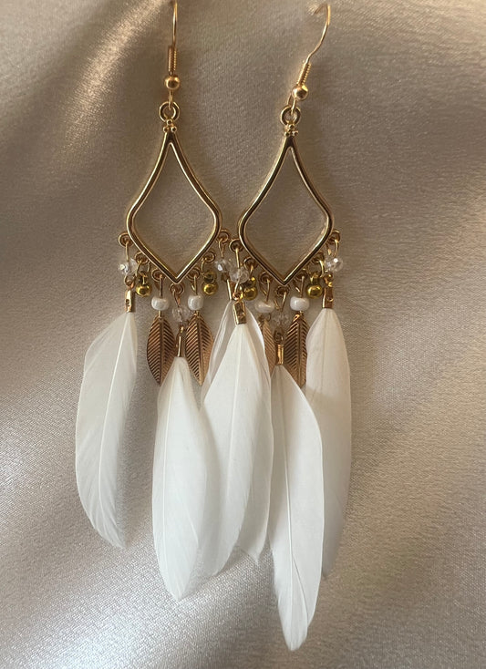 Gold & White Boho Feather Dangle Earrings – Free-Spirited Elegance with a Light, Airy Touch