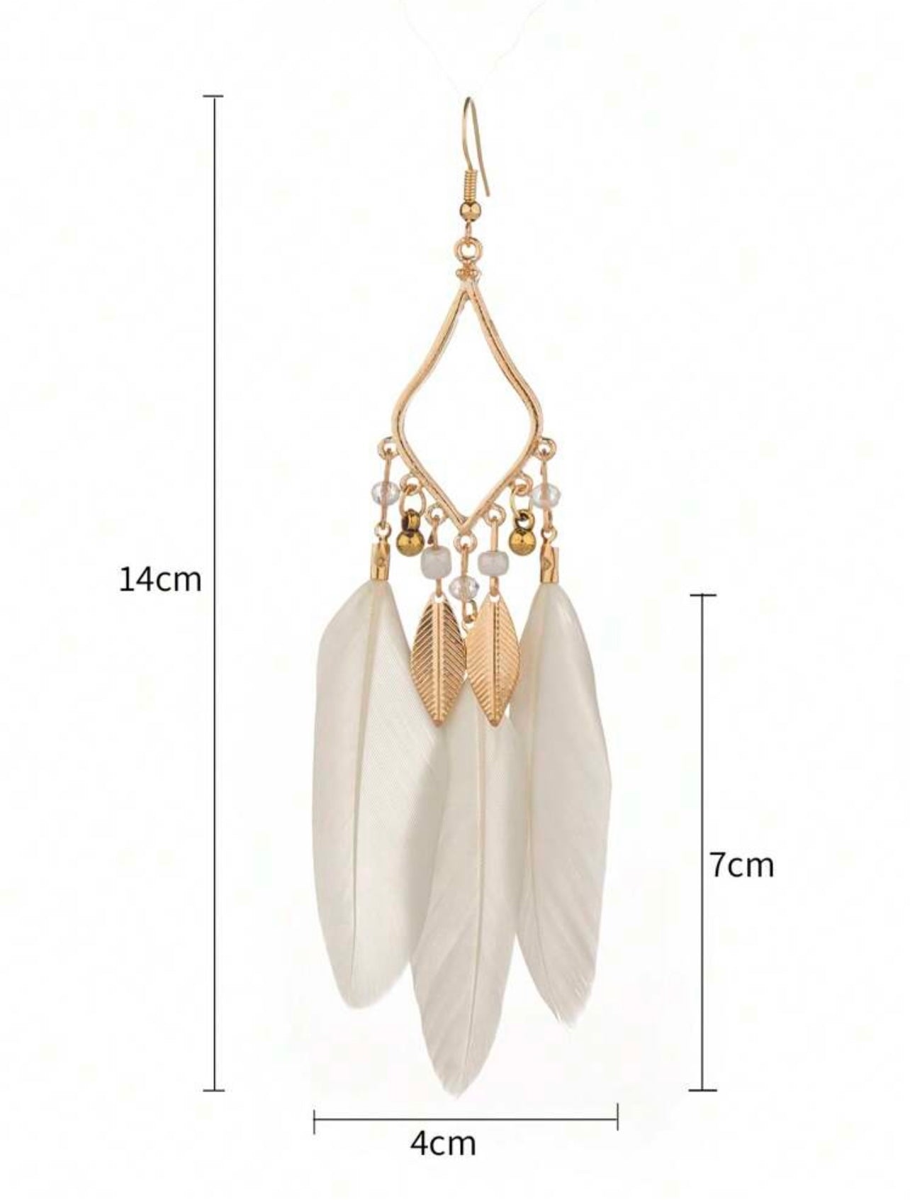 Gold & White Boho Feather Dangle Earrings – Free-Spirited Elegance with a Light, Airy Touch