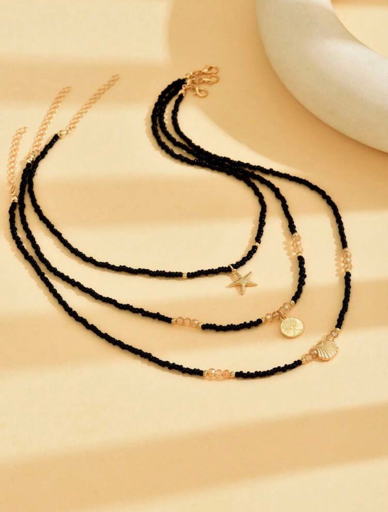 3pc Black & Gold Boho Beach Necklace Set – Starfish & Shell Pendants with Glass Beads