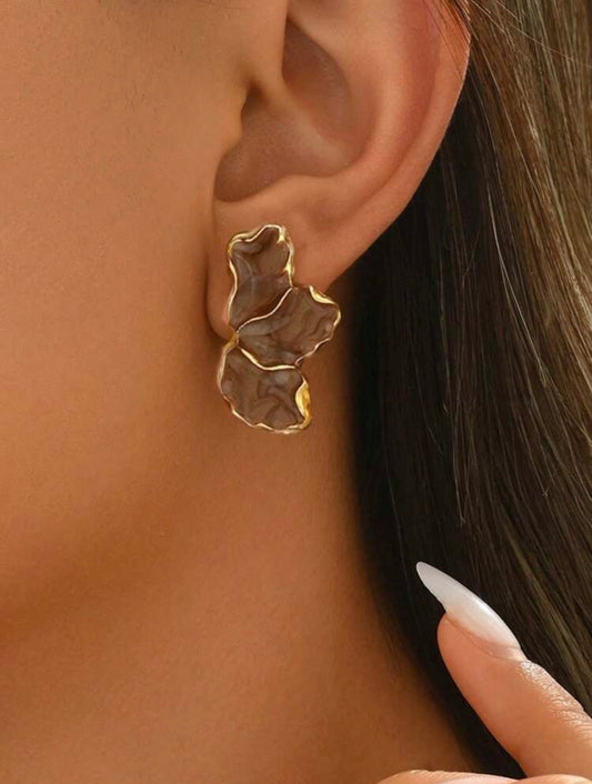 Elegant Gold & Coffee Enamel Flower Oil Drop Earrings – Tarnish Resistant
