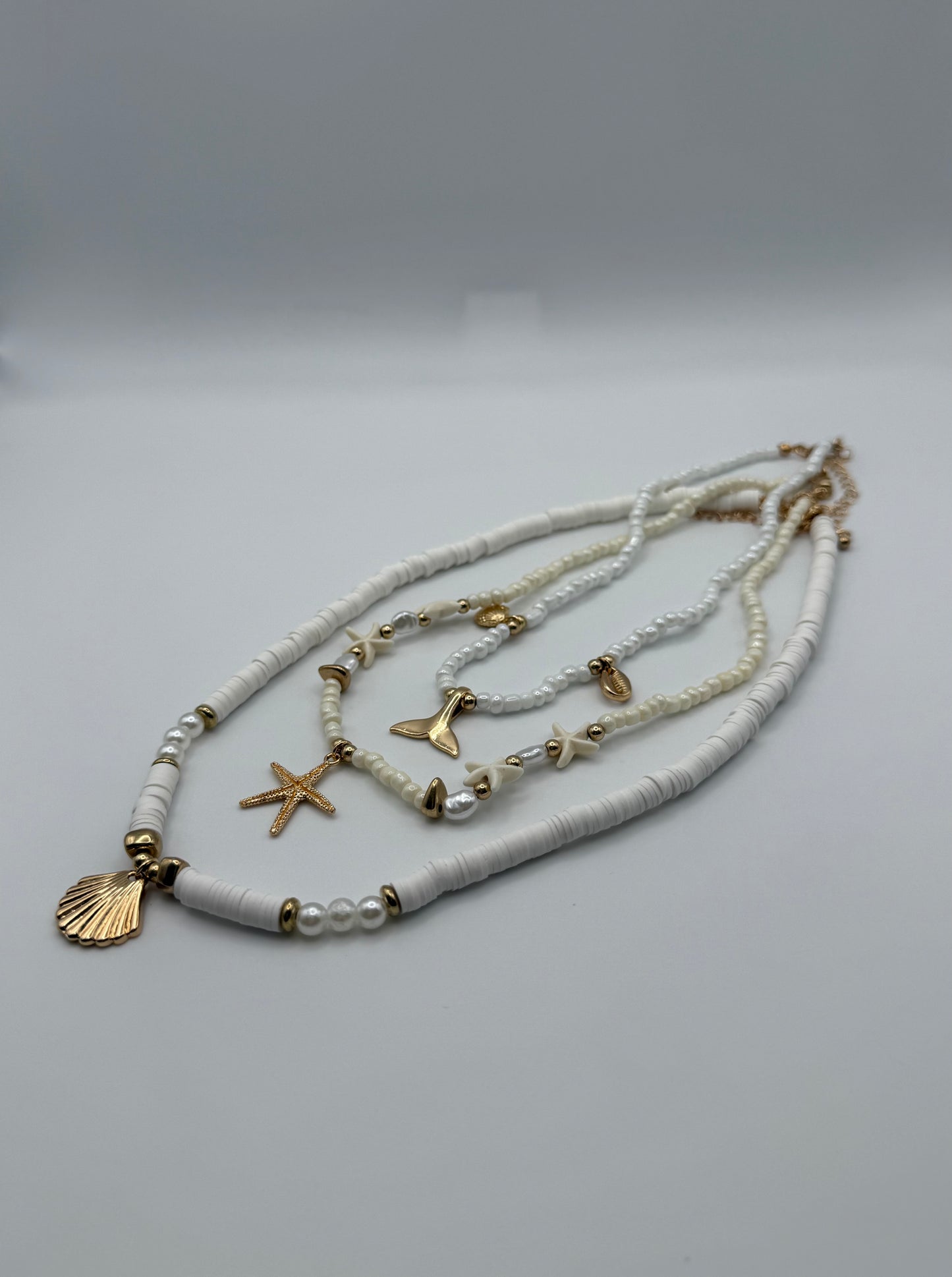 3pc Ocean Charm Necklace Set – White & Gold Ceramic Beads with Mermaid, Starfish & Shell Pendants