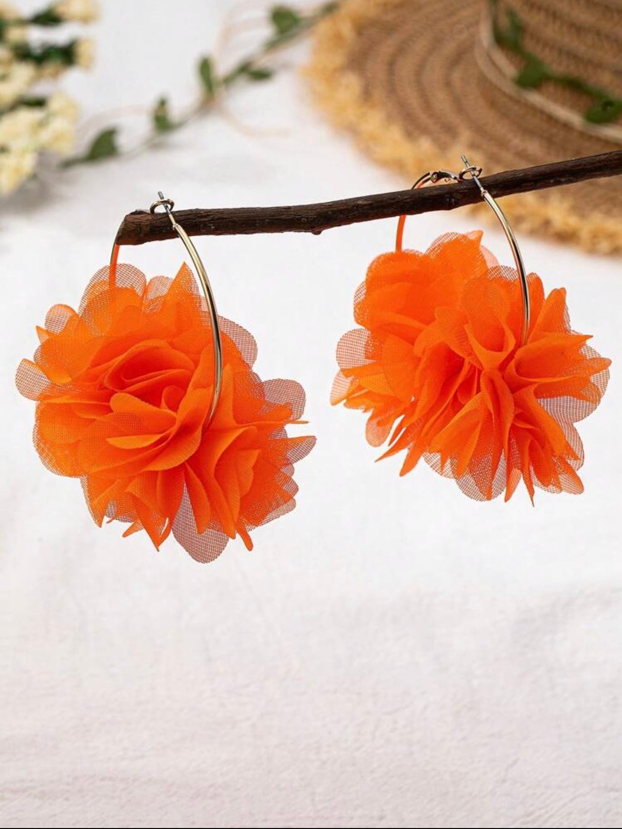 Gold Hoop Earrings with Neon Orange Floral Organza – Bold Statement Set (5 x 7 cm)