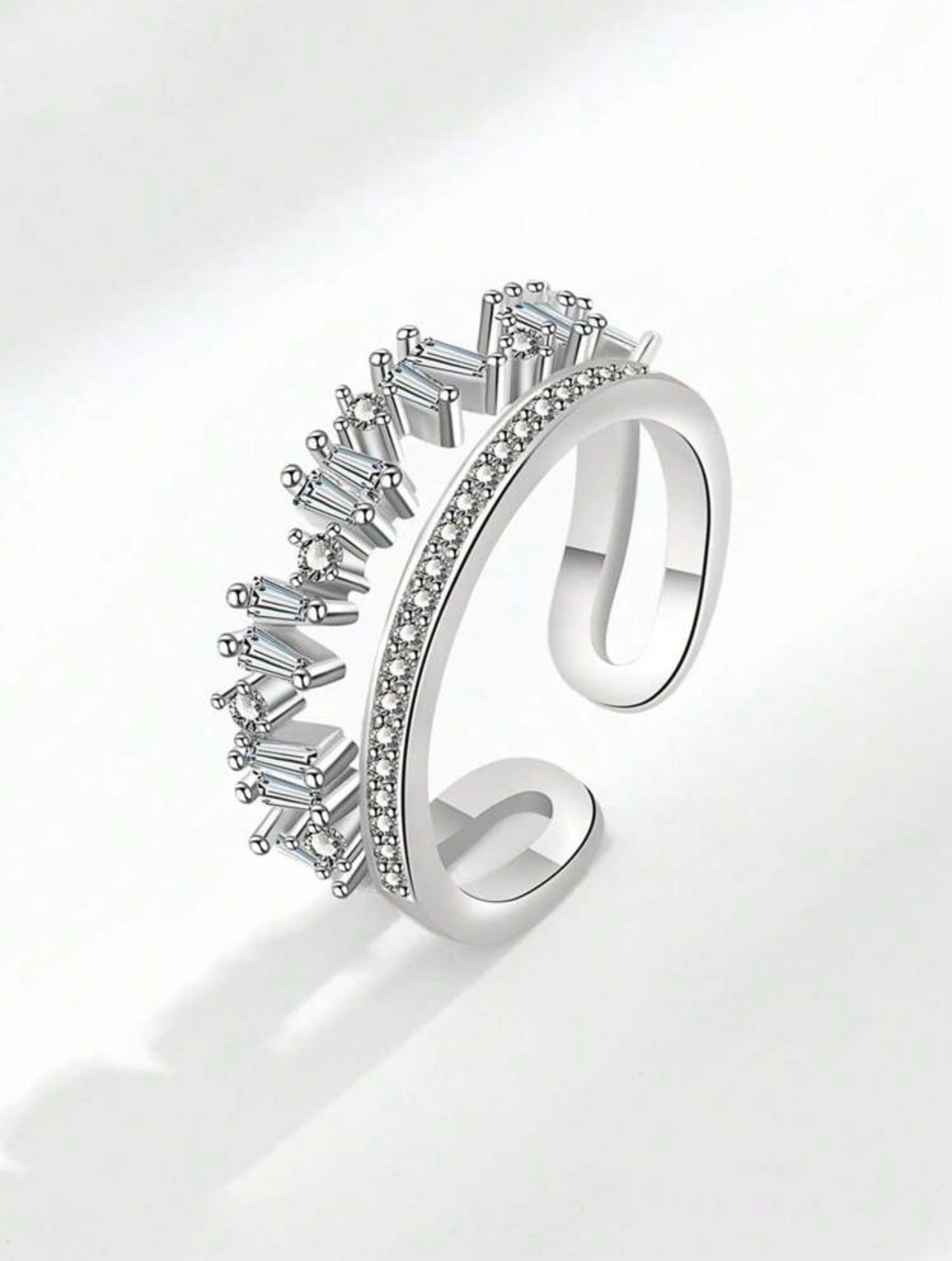 Silver-Tone Double-Layer Zirconia Open Ring – High-End Asymmetrical Sparkle
