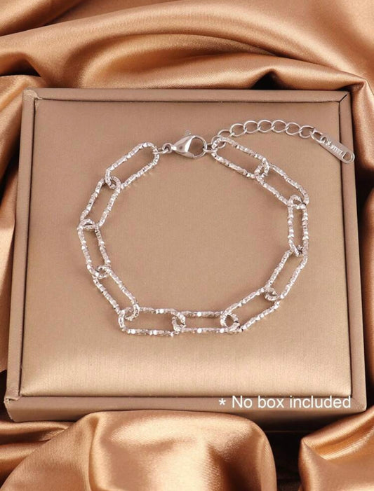 925 Silver Plated Silver- Tone Asymmetric Stainless Steel Chain Bracelet – Punk-Inspired Jewellery Gift