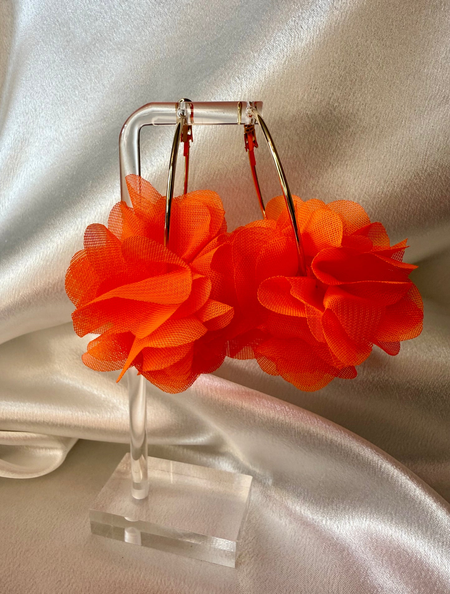 Gold Hoop Earrings with Neon Orange Floral Organza – Bold Statement Set (5 x 7 cm)