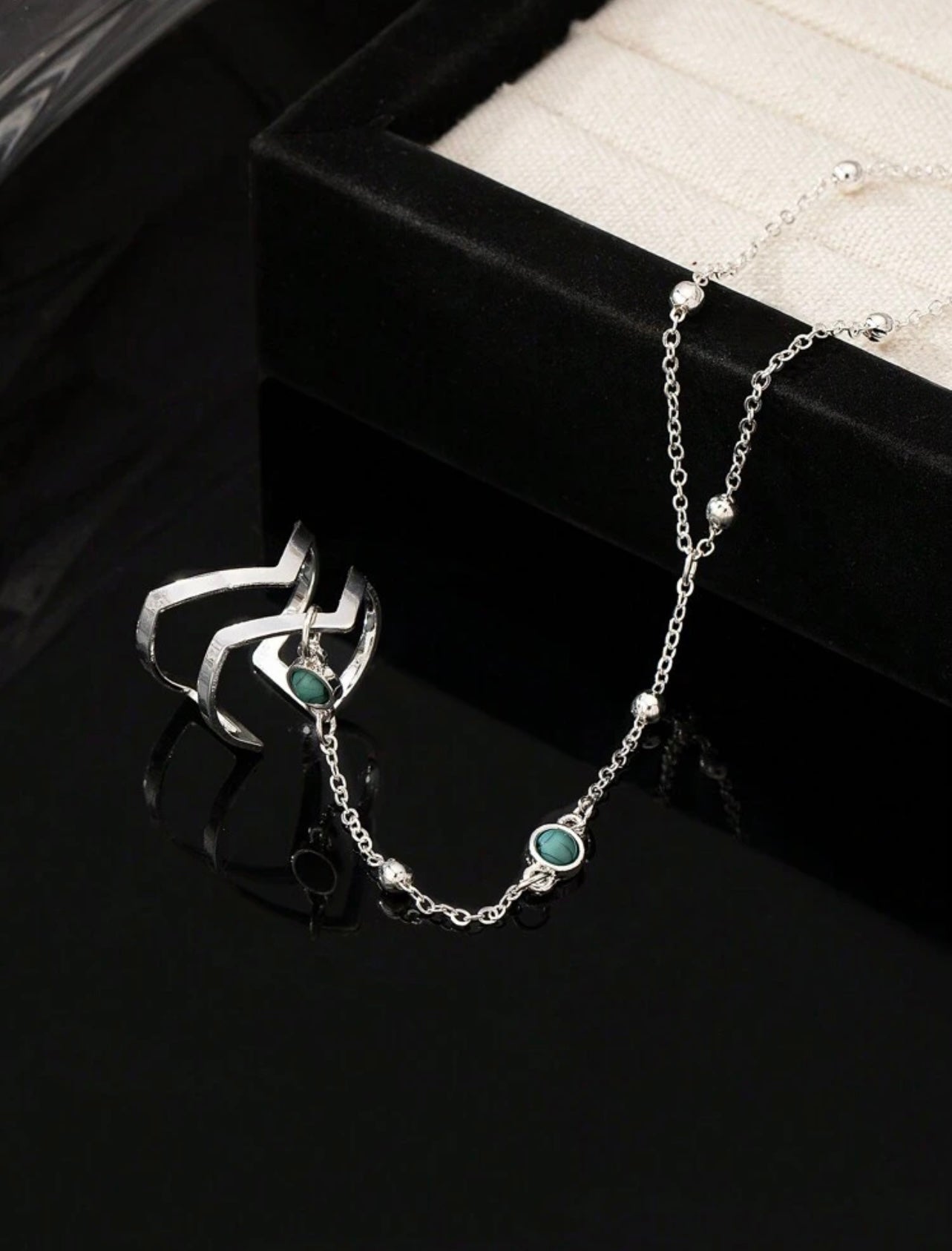 Silver Bean Hand Chain with Turquoise  Style Beads – Adjustable Minimalist Jewellery