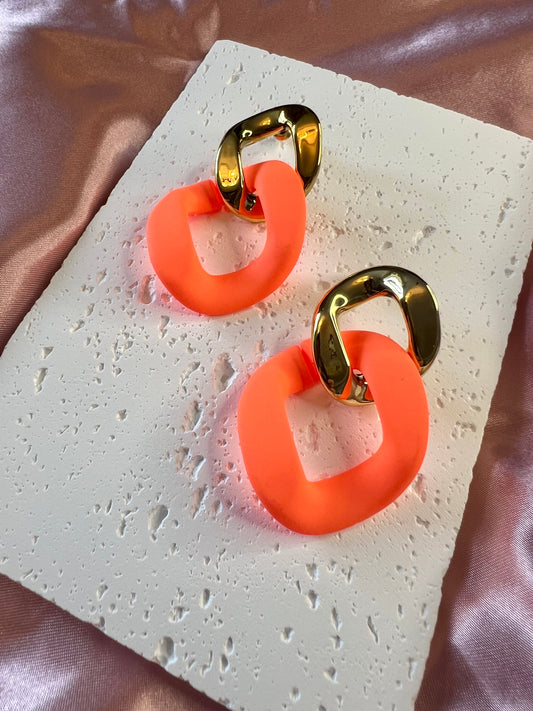 Gold and Orange Geometric Drop Earrings – Bold Colour, Modern Edge