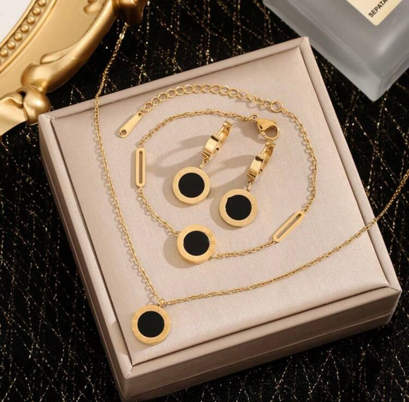 18K Gold-Plated Bvlgari Inspired Roman Numeral Necklace, Bracelet & Earrings Set – Tarnish-Resistant