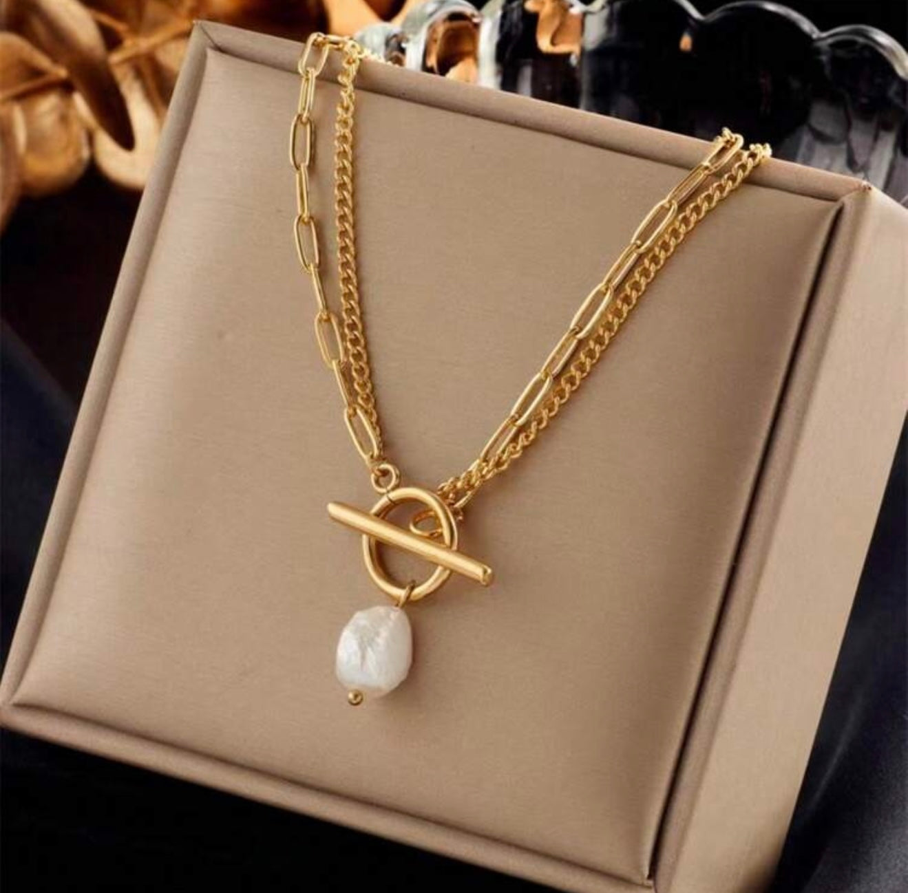 18k Gold Plated T-Bar Pearl Pendant Double Layer Necklace – Elegant, Radiant & Timeless