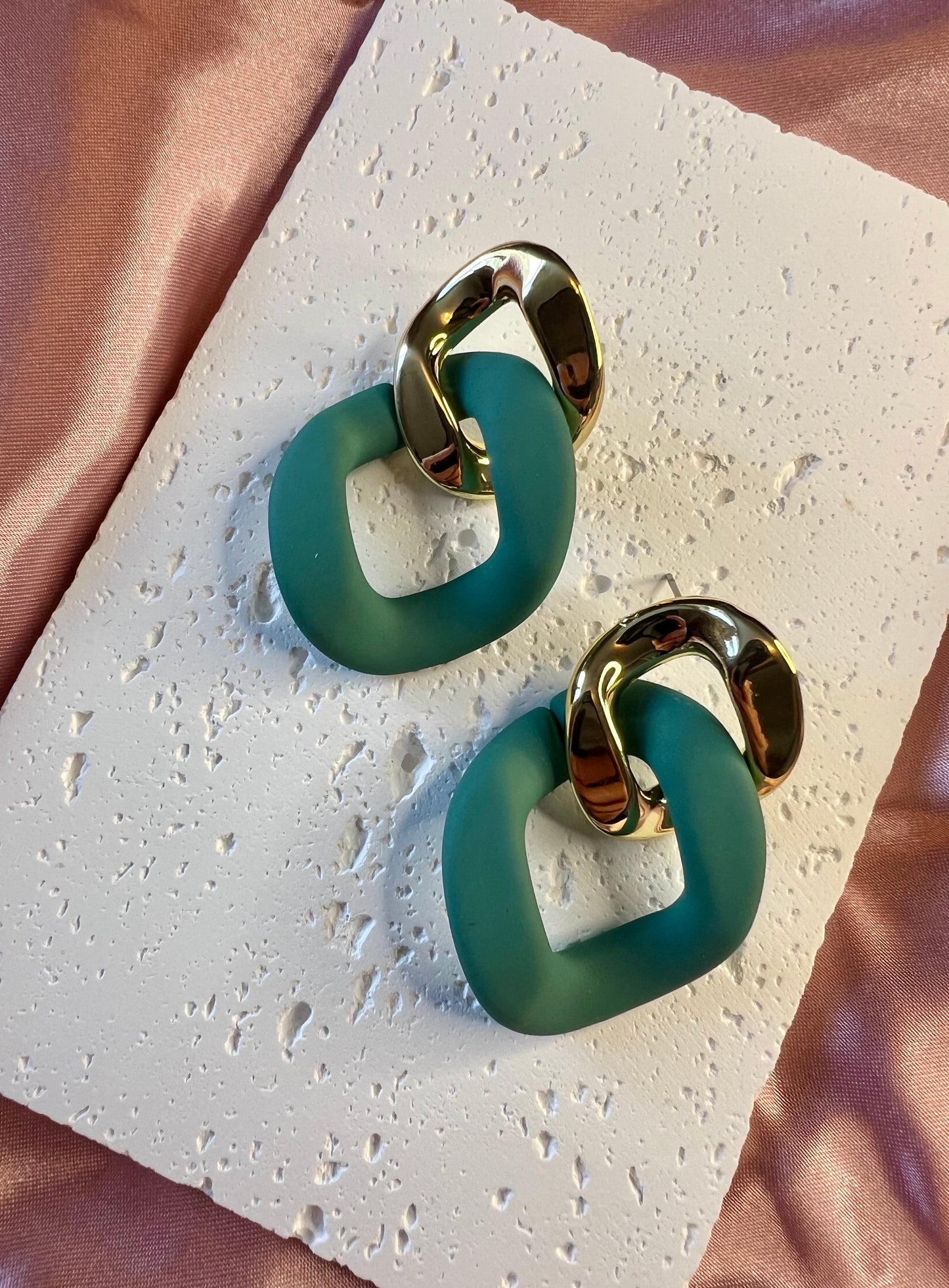 Gold and Green Geometric Drop Earrings – Bold Colour, Modern Edge