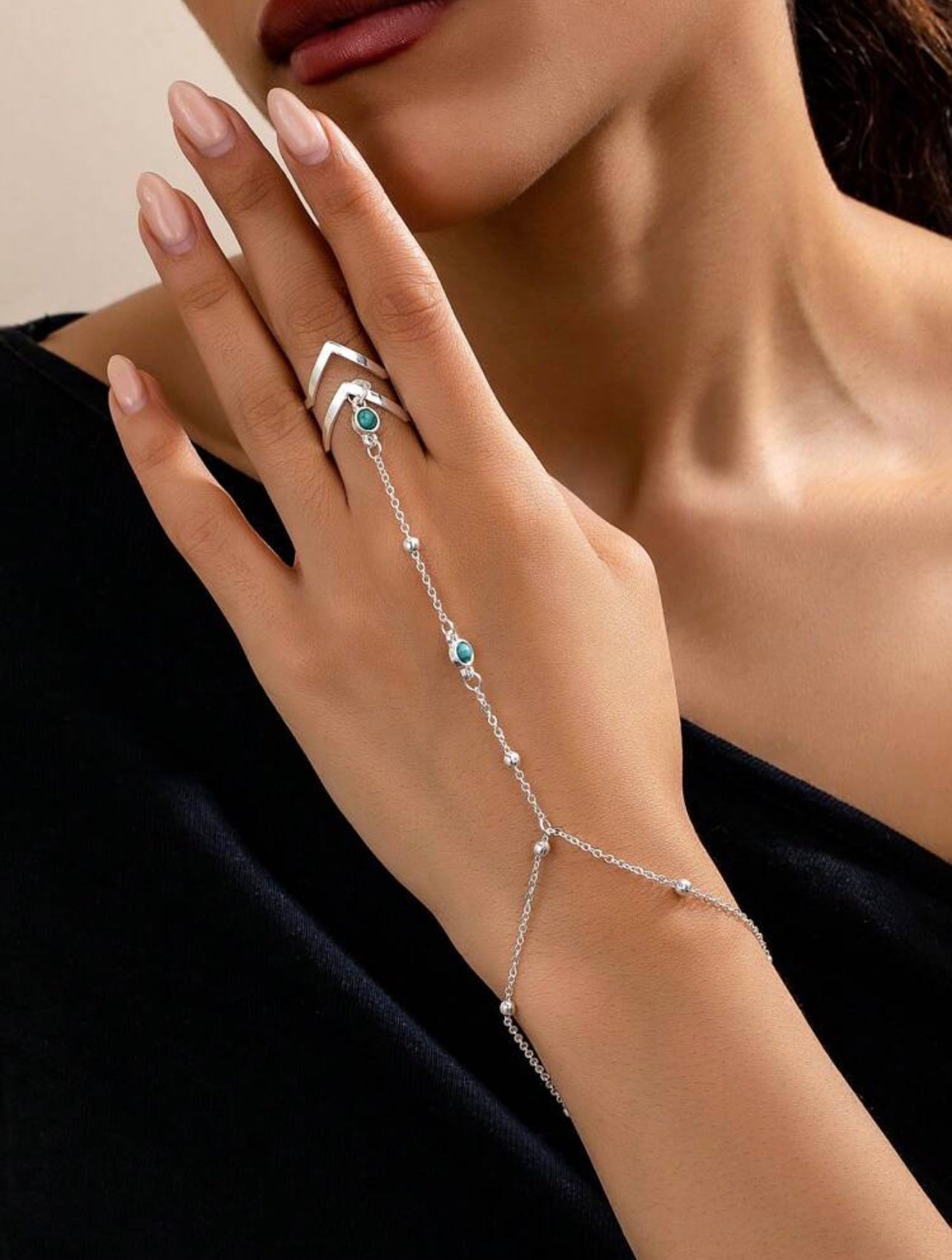 Silver Bean Hand Chain with Turquoise  Style Beads – Adjustable Minimalist Jewellery