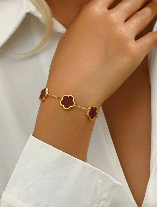18k Gold-Plated Van Cleef Inspired Clover Bracelet – Burgundy - Waterproof, Tarnish-Resistant & Hypoallergenic Matching Necklace Available!