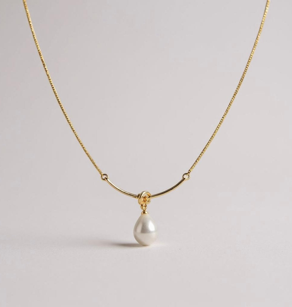 Elegant & Delicate Gold Knot Necklace with Faux Pearl Pendant