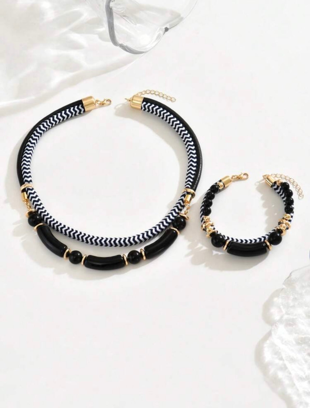 2pc Nautical Black Cord Necklace & Bracelet Set – Exaggerated Choker Style with Gold Accents