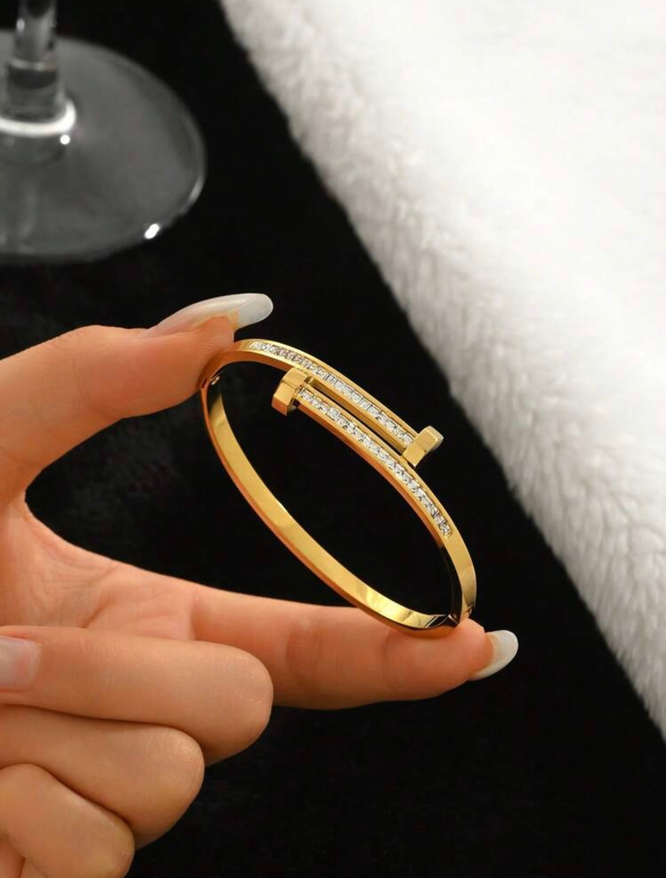 18K Gold Plated Cubic Zirconia Bangle Set – Cartier Inspired Timeless Style