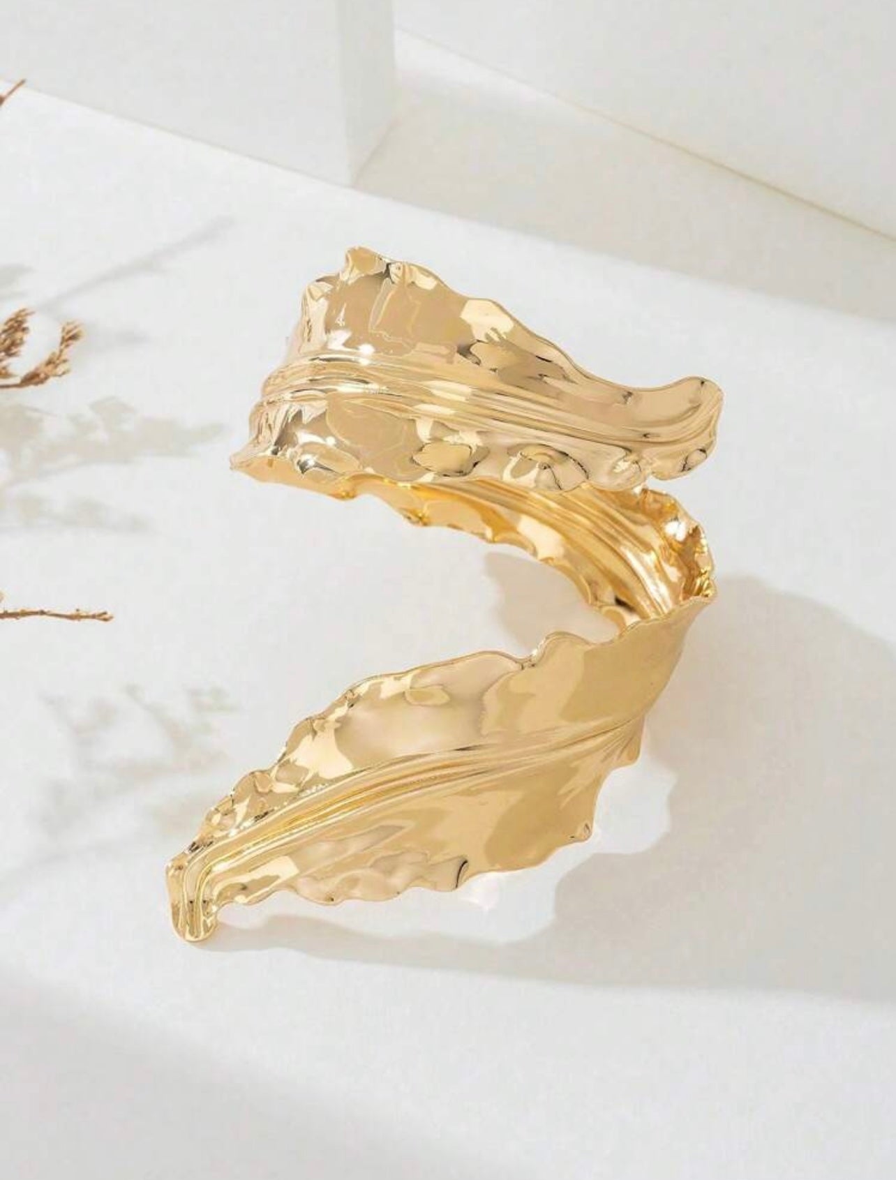 Oversized Gold Metal Leaf Cuff Bangle