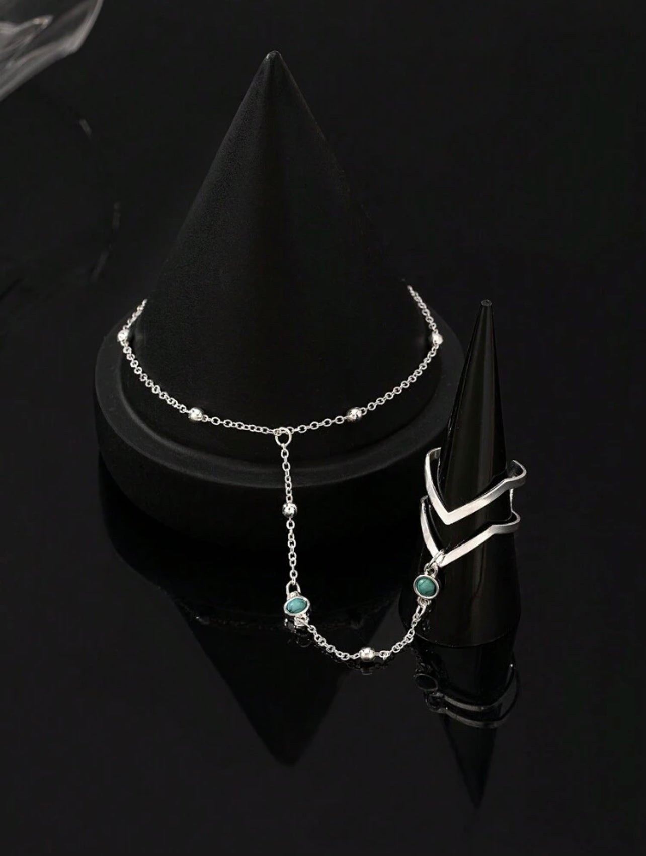 Silver Bean Hand Chain with Turquoise  Style Beads – Adjustable Minimalist Jewellery