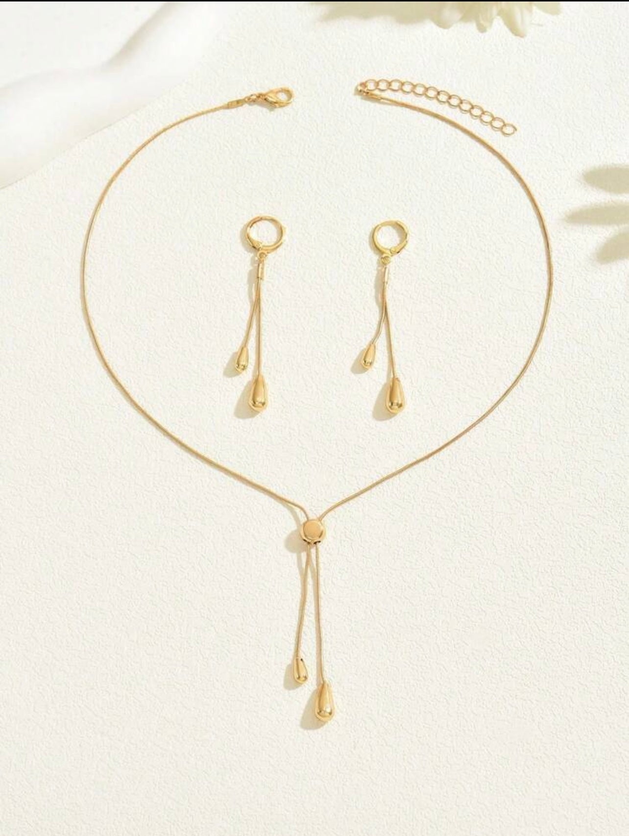 Gold Snake Bone Chain Jewellery Set – Tarnish Resistant | Teardrop Pendant Necklace & Earrings