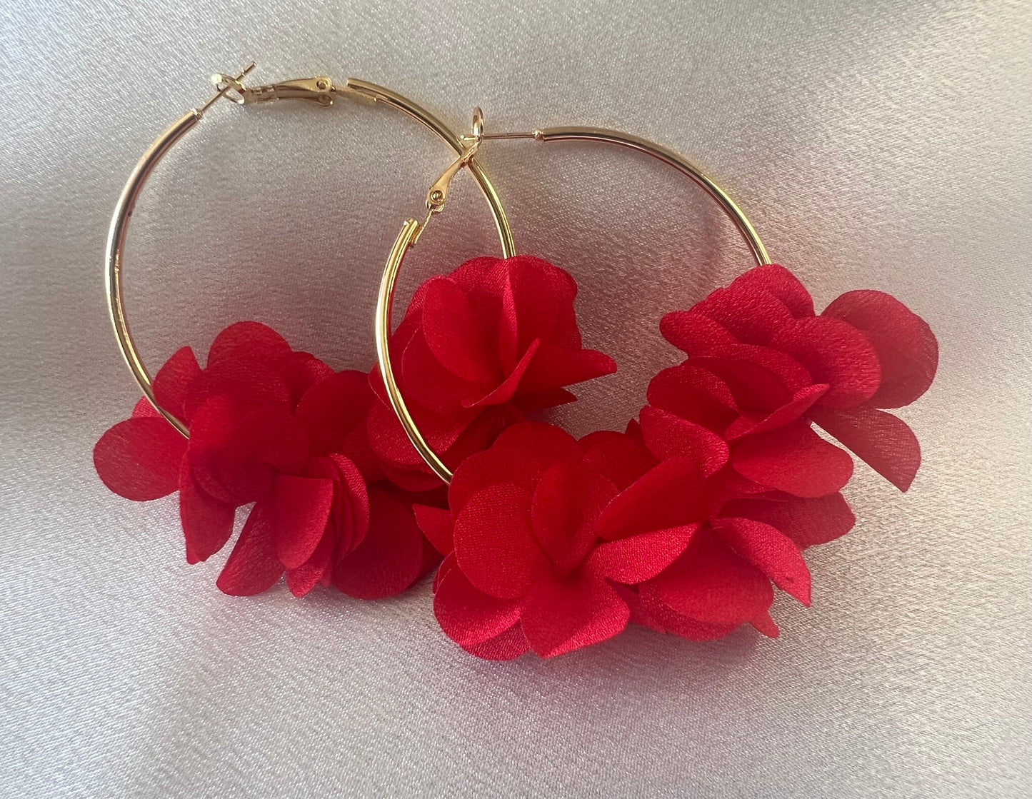 Gold & Red Flower Hoop Earrings – Bold Florals with Luxe Contrast
