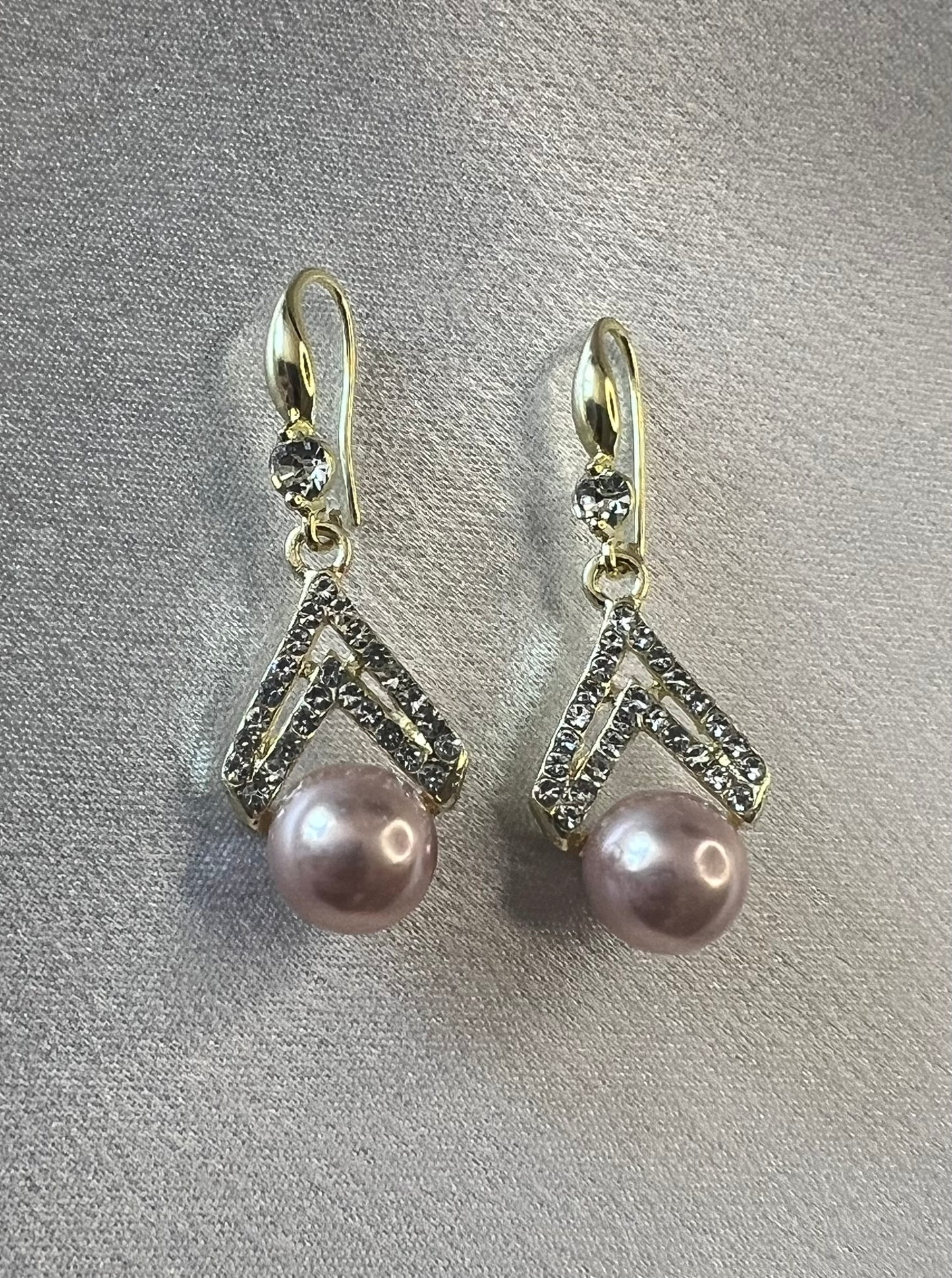 Art Deco Gold Diamanté & Faux Rose Pearl Drop Earrings – Vintage Glamour with a Modern Twist