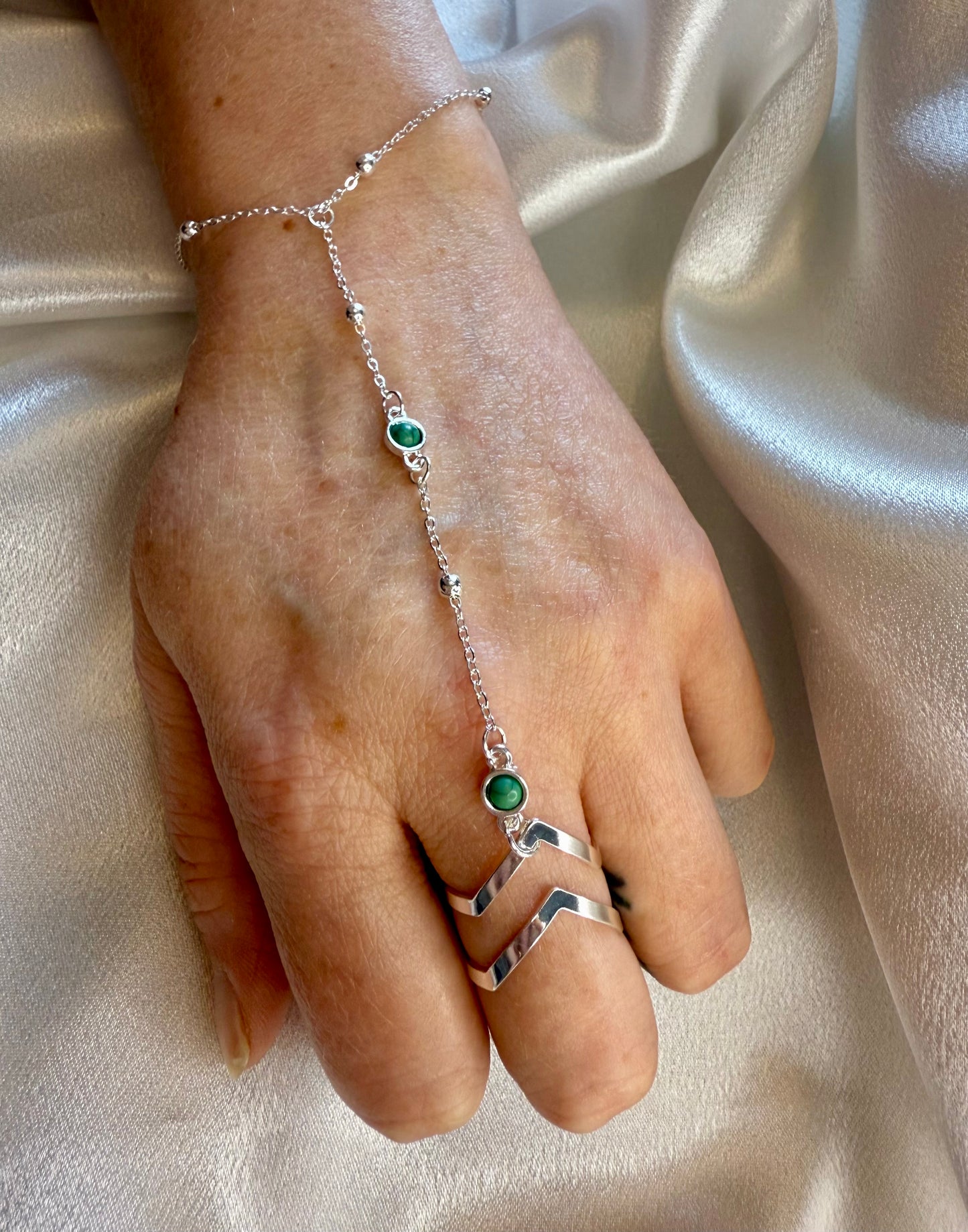 Silver Bean Hand Chain with Turquoise  Style Beads – Adjustable Minimalist Jewellery
