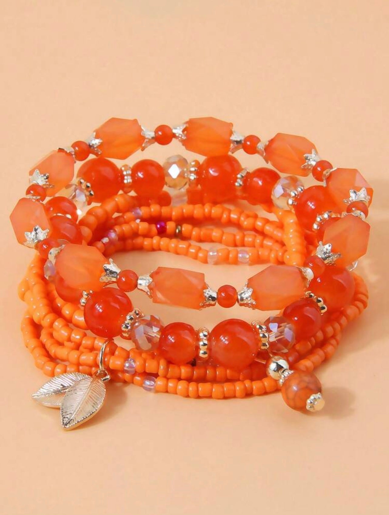 4pc Handmade Orange Seed & Glass Beaded Bracelet Stack – Vibrant Jewellery Set for Women
