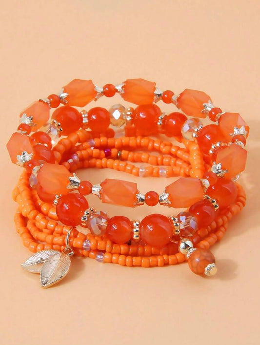 4pc Handmade Orange Seed & Glass Beaded Bracelet Stack – Vibrant Jewellery Set for Women