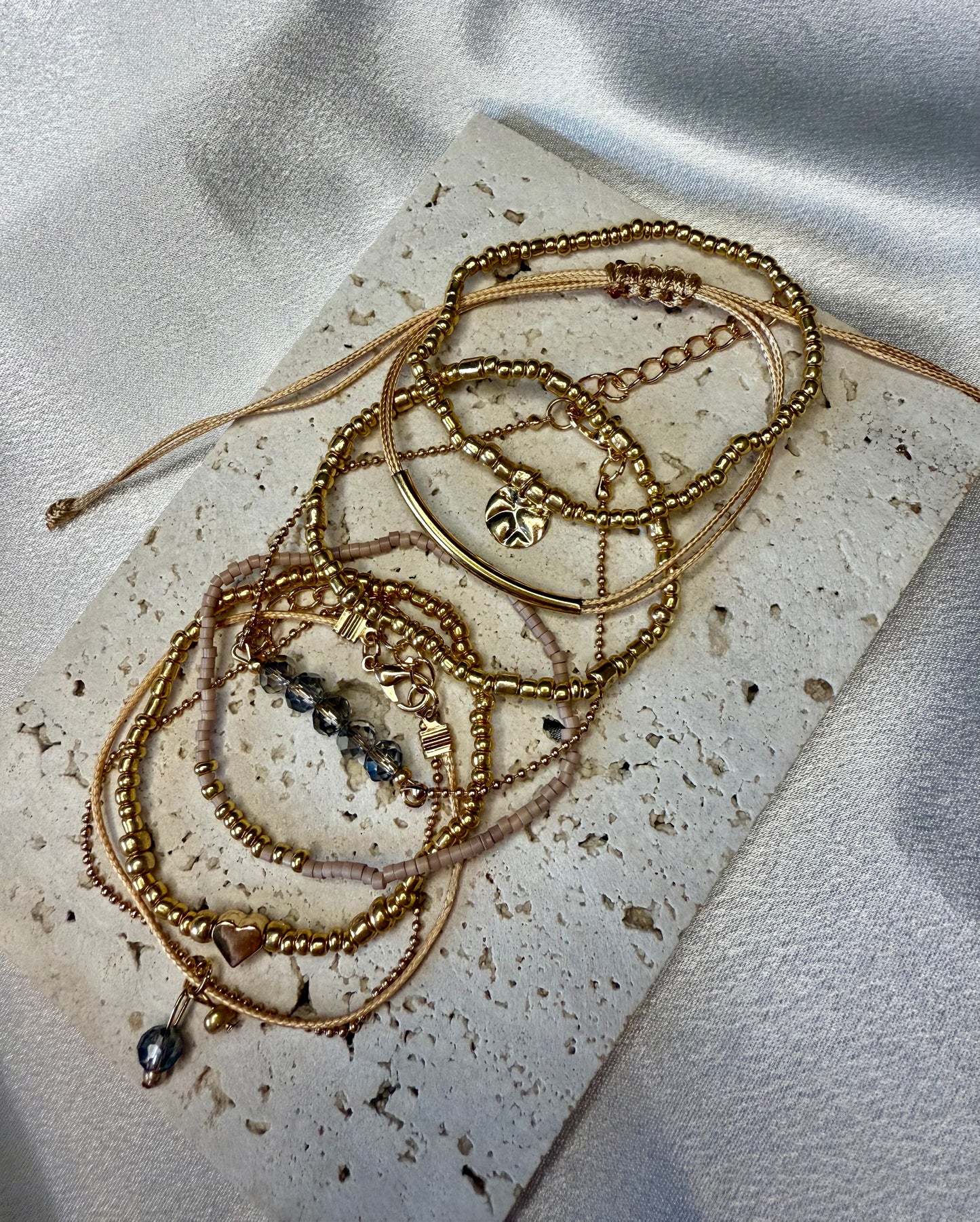 7pc Gold & Khaki Bohemian Heart Woven Beaded Bracelet Set – Adjustable Elastic Stack